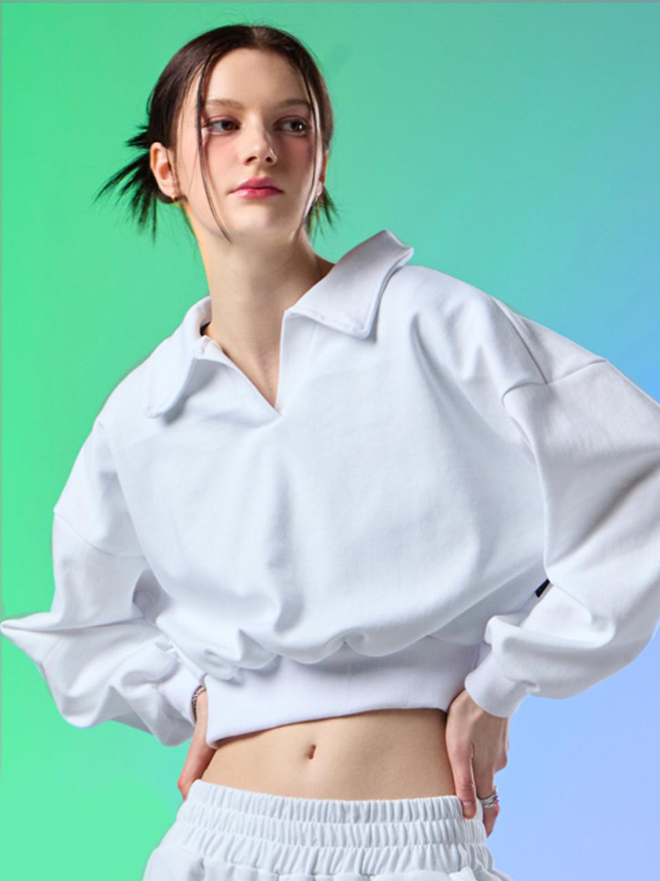 KOLEAT Soft Texture Plain Collar Crop Sweatshirt [WHITE]