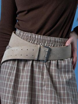 KOLEAT Suede Natural Cowhide Wide Layered Big Buckle Belt [BEIGE]