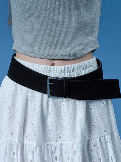 KOLEAT Suede Natural Cowhide Wide Layered Big Buckle Belt [BLACK]