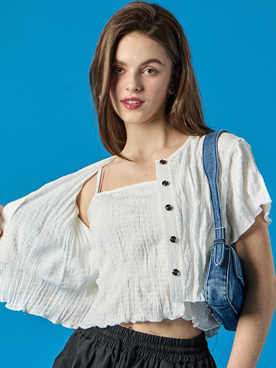 KOLEAT Summer Cooling Mamong Cropped Cardigan Short-Sleeved T-Shirt Sleeveless Set [White]