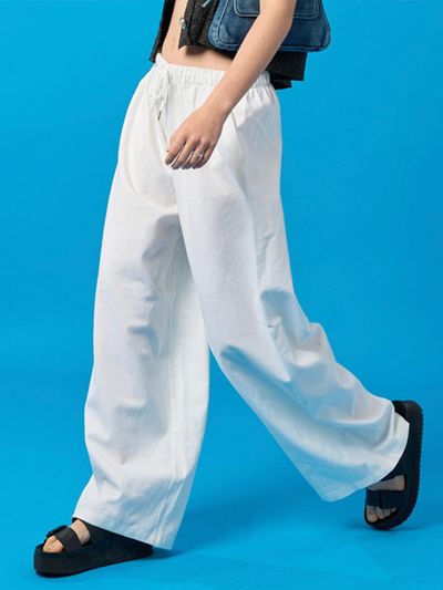 KOLEAT Summer Linen Wide Slacks Banded Pants_White