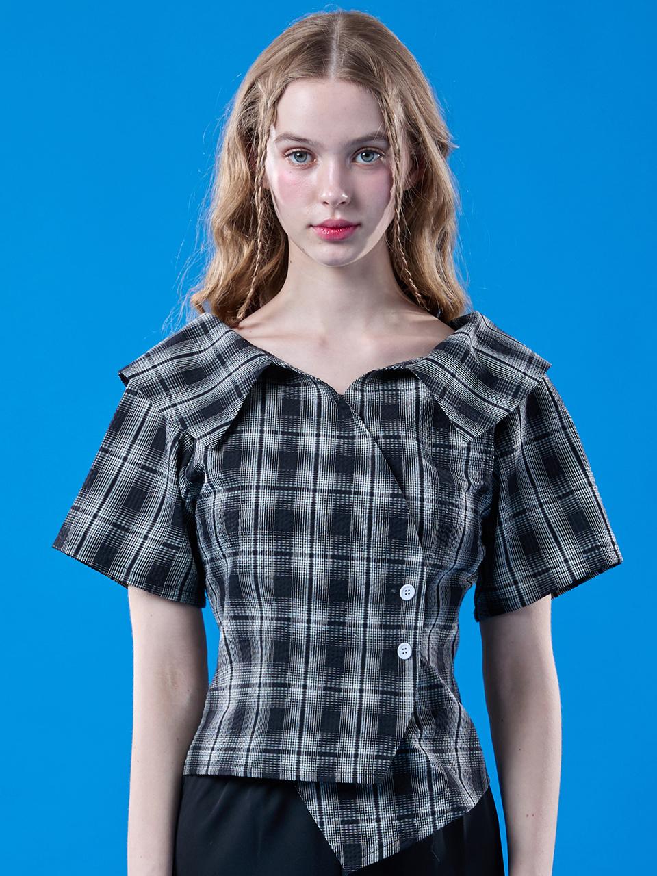 KOLEAT Summer Resort Wrap Off-Shoulder Check Pattern Cooling Slim Short-Sleeve Shirt [BLACK]