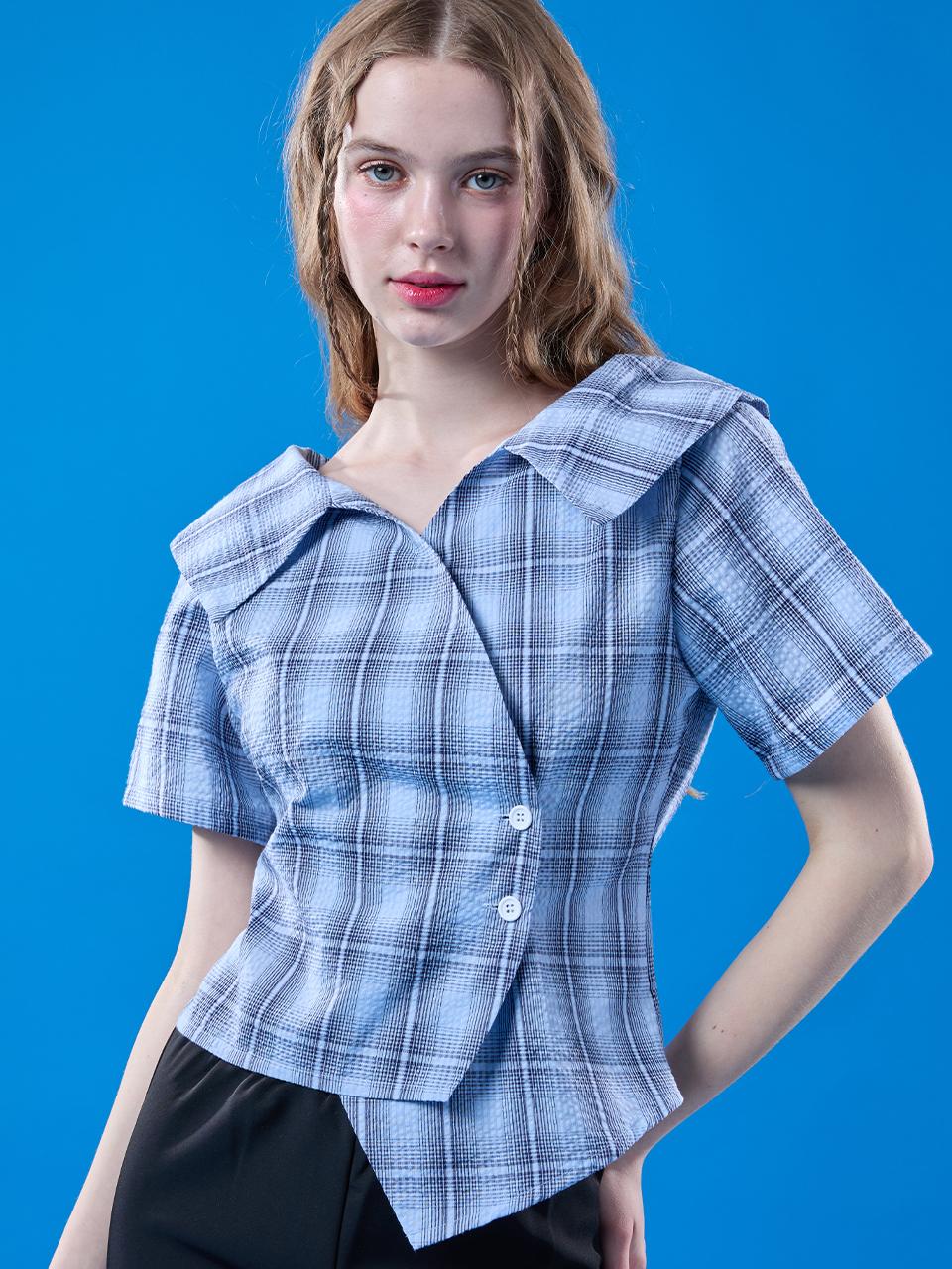 KOLEAT Summer Resort Wrap Off-Shoulder Check Pattern Cooling Slim Short-Sleeve Shirt [BLUE]