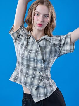 KOLEAT Summer Resort Wrap Off-Shoulder Check Pattern Cooling Slim Short-Sleeve Shirt [WHITE]