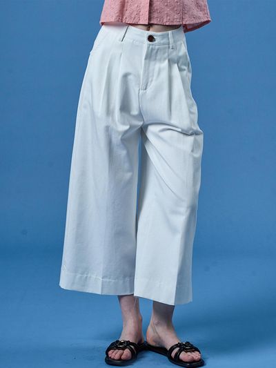 KOLEAT Wide Cropped Pin-tuck Cotton Pants [White]