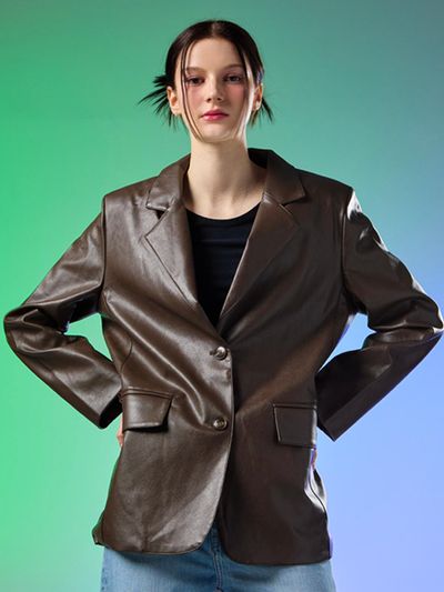 KOLEAT WOMEN overfit soft leather blazer Dark Brown leather jacket
