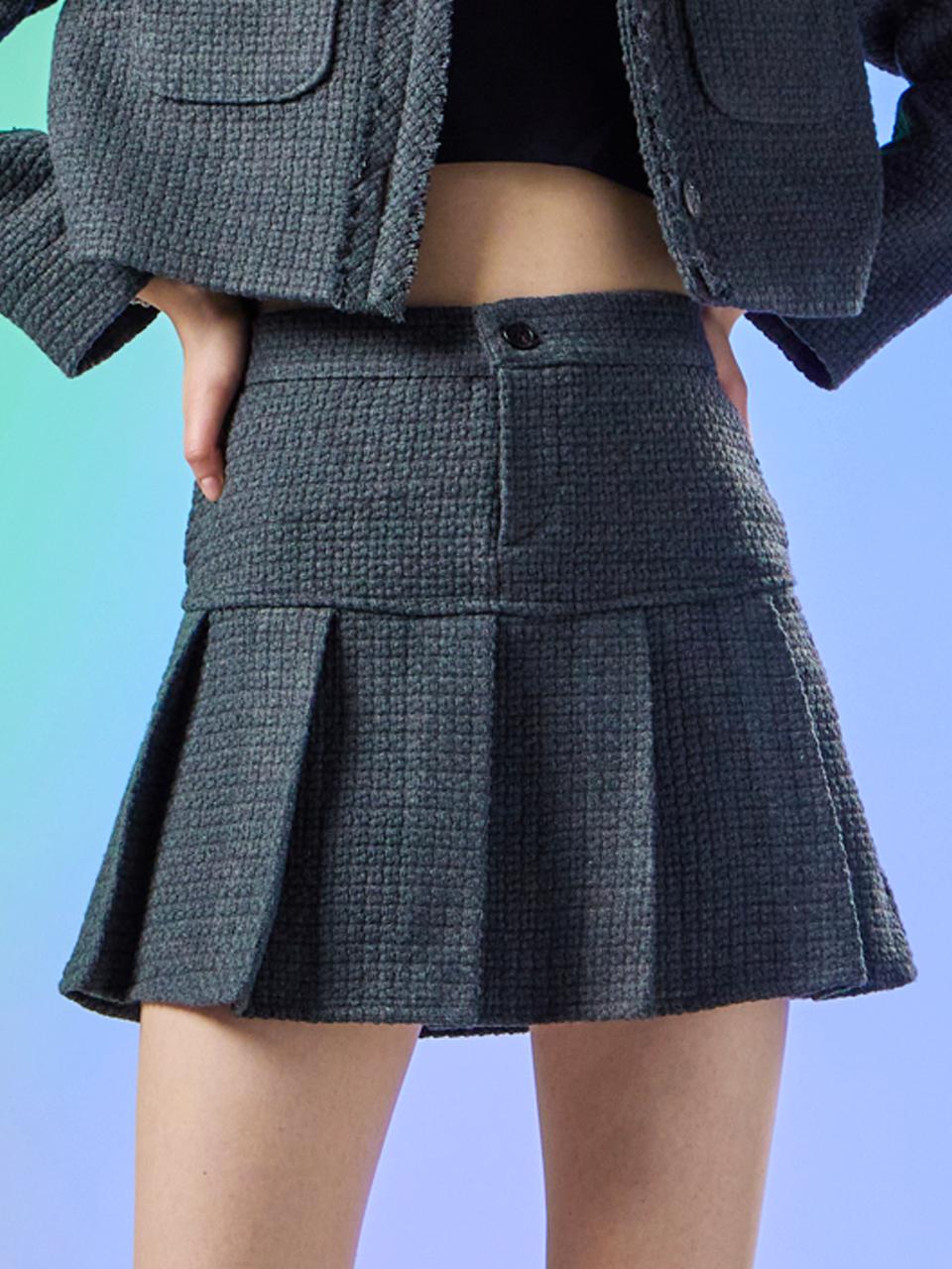 KOLEAT WOMEN Tweed Pleats Hidden Banding Miniskirt [GRAY]