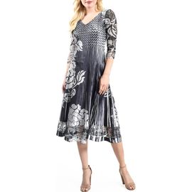 Komarov Komarov Silver Stencil Printed Charmeuse 3/4 Sleeve Dress