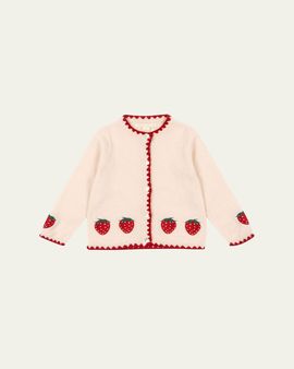 Konges Slojd Girl's Collette Strawberry-Embroidered Wool Cardigan