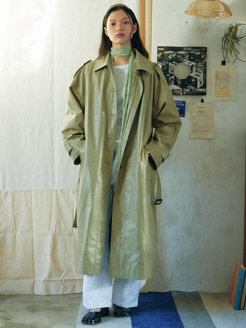 KOOKEESEE Coated Over Fit Trench Coat [Khaki]