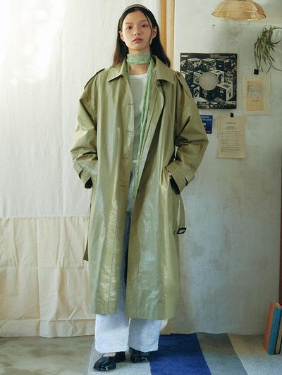 KOOKEESEE Coated Over Fit Trench Coat [Khaki]