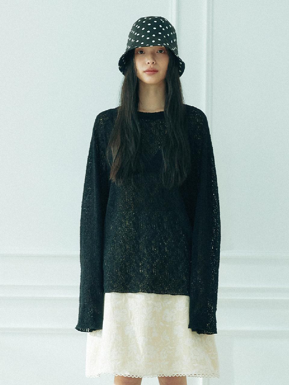 KOOKEESEE Net Raglan Knit Sleeve T-Shirt [Black]
