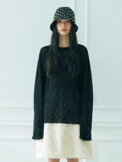 KOOKEESEE Net Raglan Knit Sleeve T-Shirt [Black]