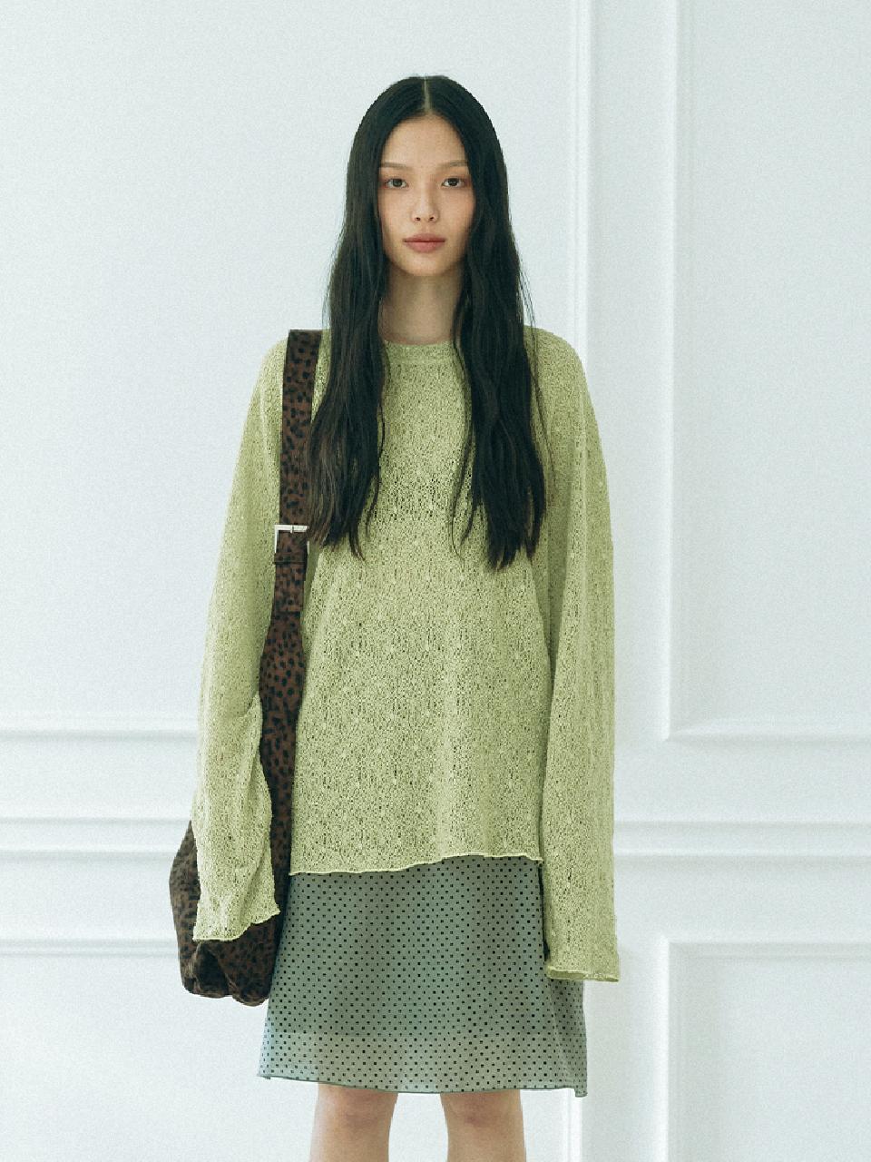KOOKEESEE Net Raglan Knit Sleeve T-Shirt [Yellowish Green]