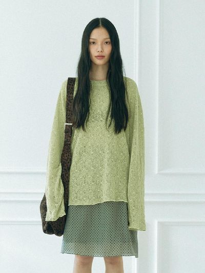 KOOKEESEE Net Raglan Knit Sleeve T-Shirt [Yellowish Green]