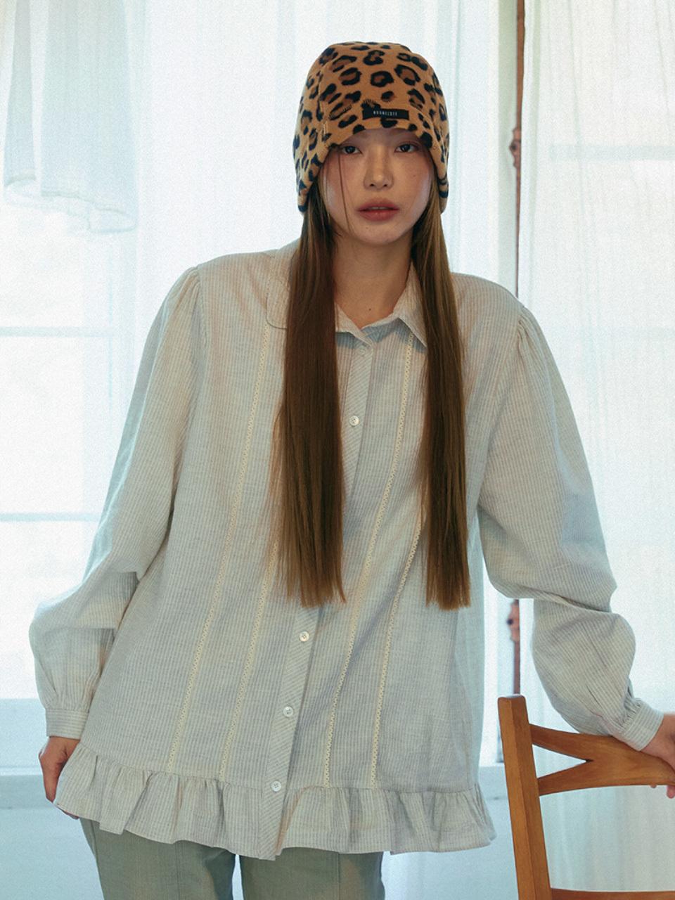 KOOKEESEE Stripe Lace Shirring Cotton Shirt [Grey]