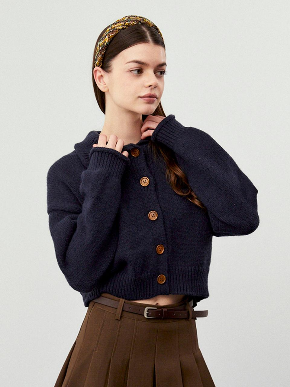 koolkitten Bold Button Collar Cropped Knit Cardigan [Navy]