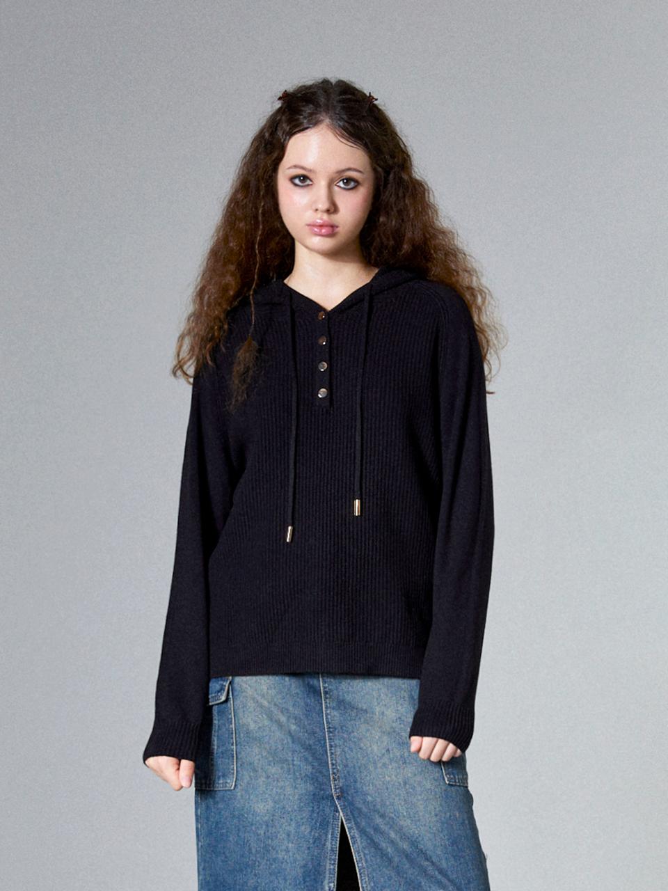 koolkitten Button Up Knitted Hoodie (BLACK)