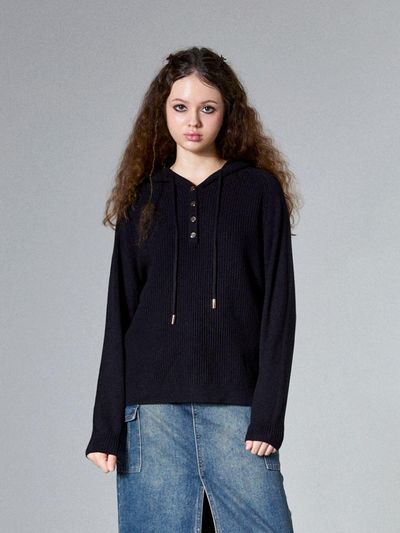 koolkitten Button Up Knitted Hoodie (BLACK)