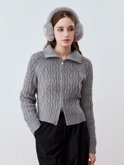 koolkitten Cable Twisted Open-Knit High Collar Cardigan [GRAY]