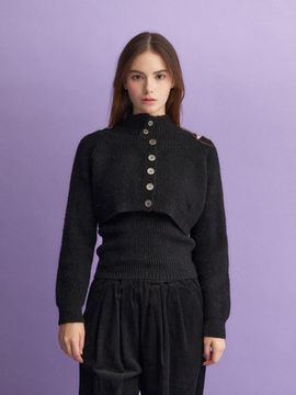 koolkitten High Neck Layered Pullover Knit Set Up (BLACK)