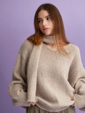 koolkitten V Neck Pullover Oversized Knit Muffler Set (BEIGE)