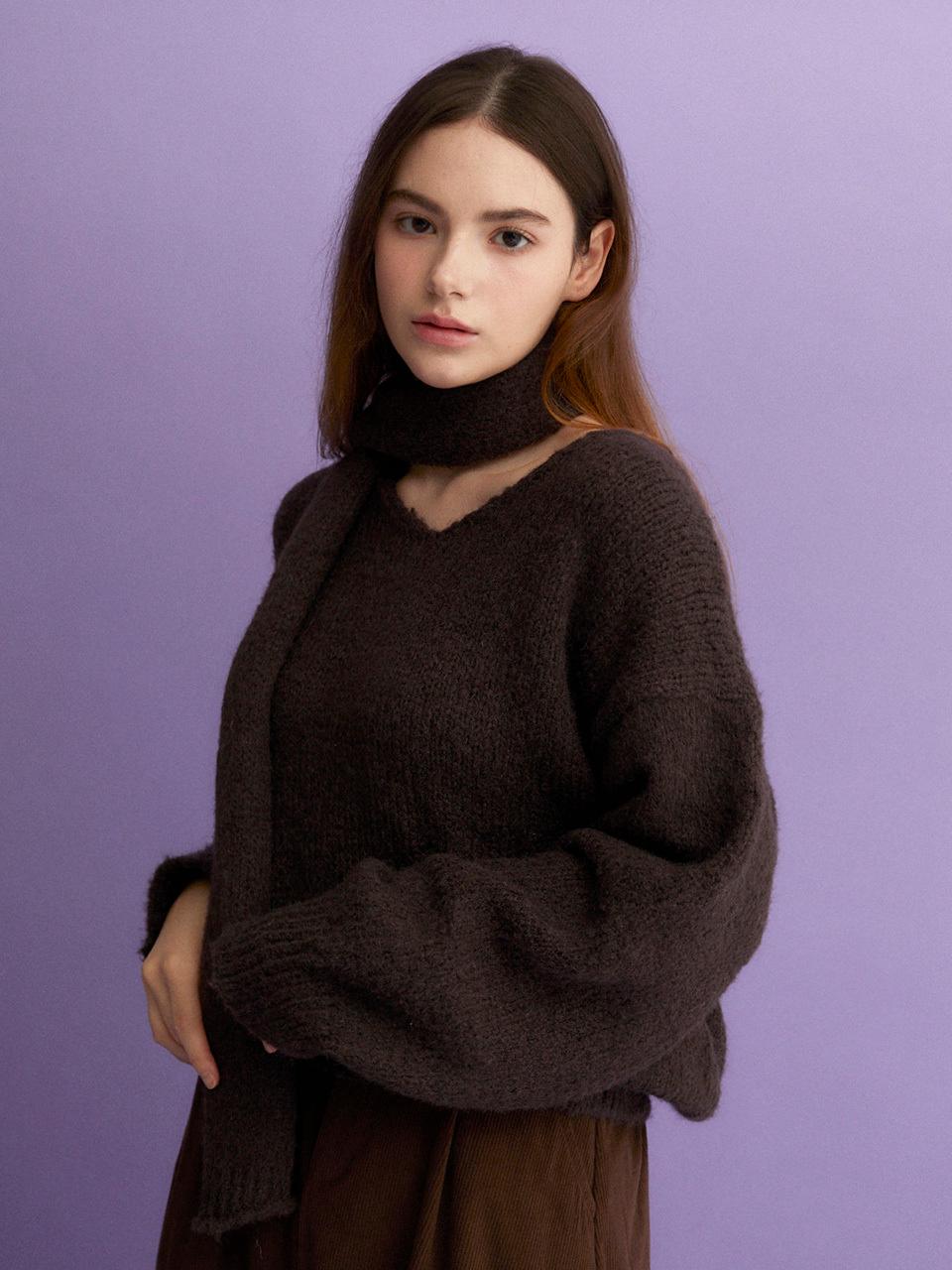 koolkitten V Neck Pullover Oversized Knit Muffler Set (BROWN)