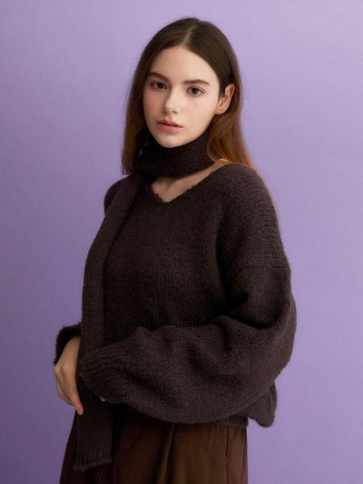 koolkitten V Neck Pullover Oversized Knit Muffler Set (BROWN)