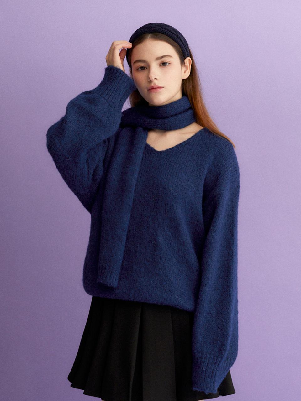koolkitten V Neck Pullover Oversized Knit Muffler Set (NAVY)