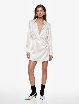 Koton Koton Long Sleeve Pleated Mini Satin Shirt Dress