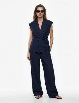 Koton Koton Sleeveless Striped Blazer Vests with Belted