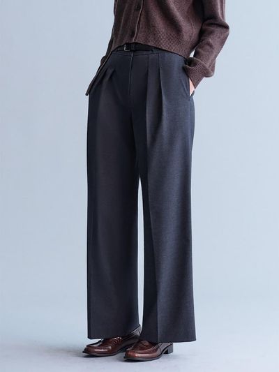 kuho plus Belted Point Tuck Wide Pants - Ash