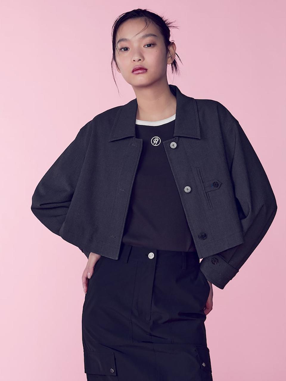 kuho plus Button Detail Casual Short Jacket_Ash