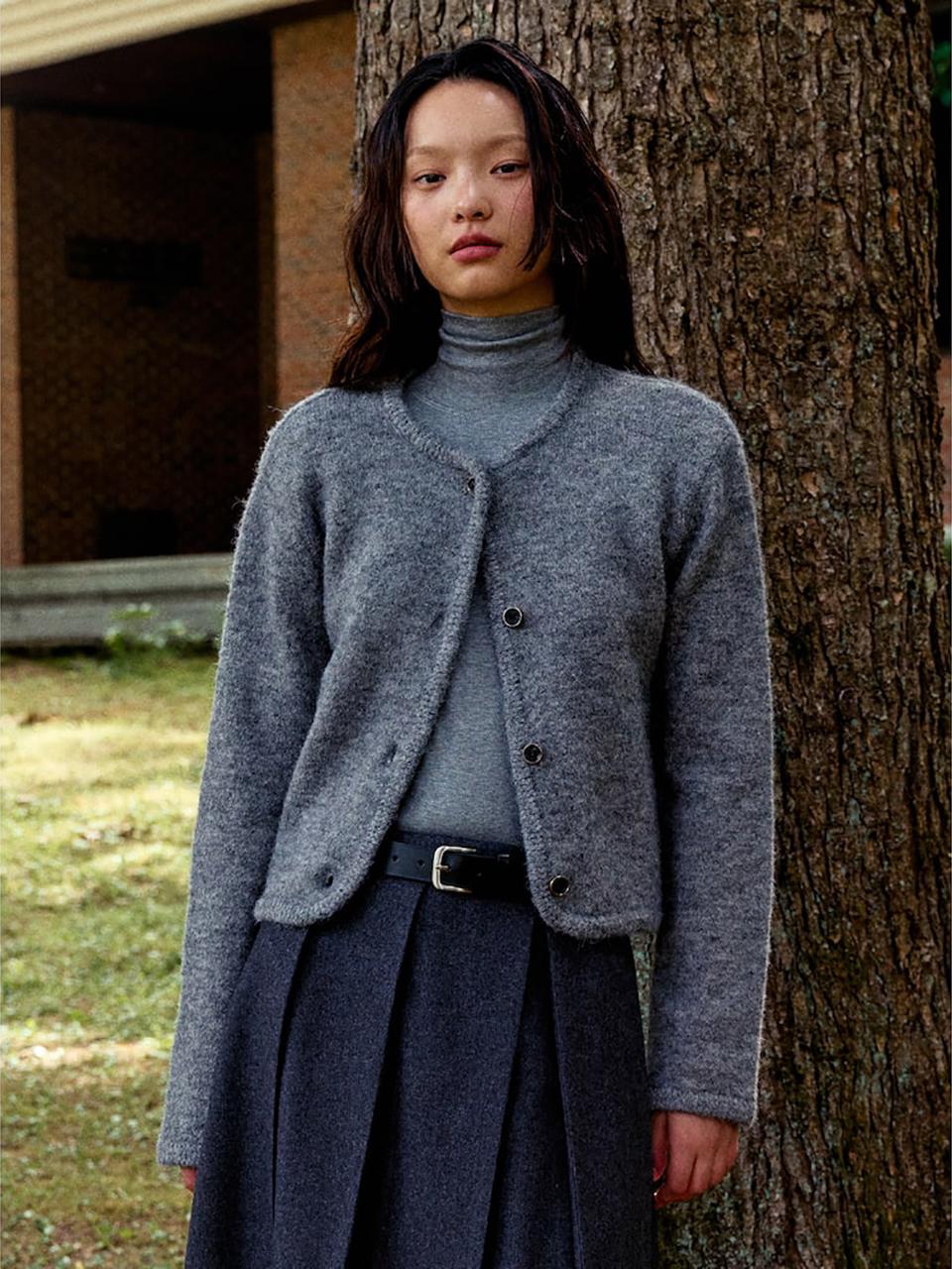 kuho plus Button Up Round Knit Cardigan - Grey