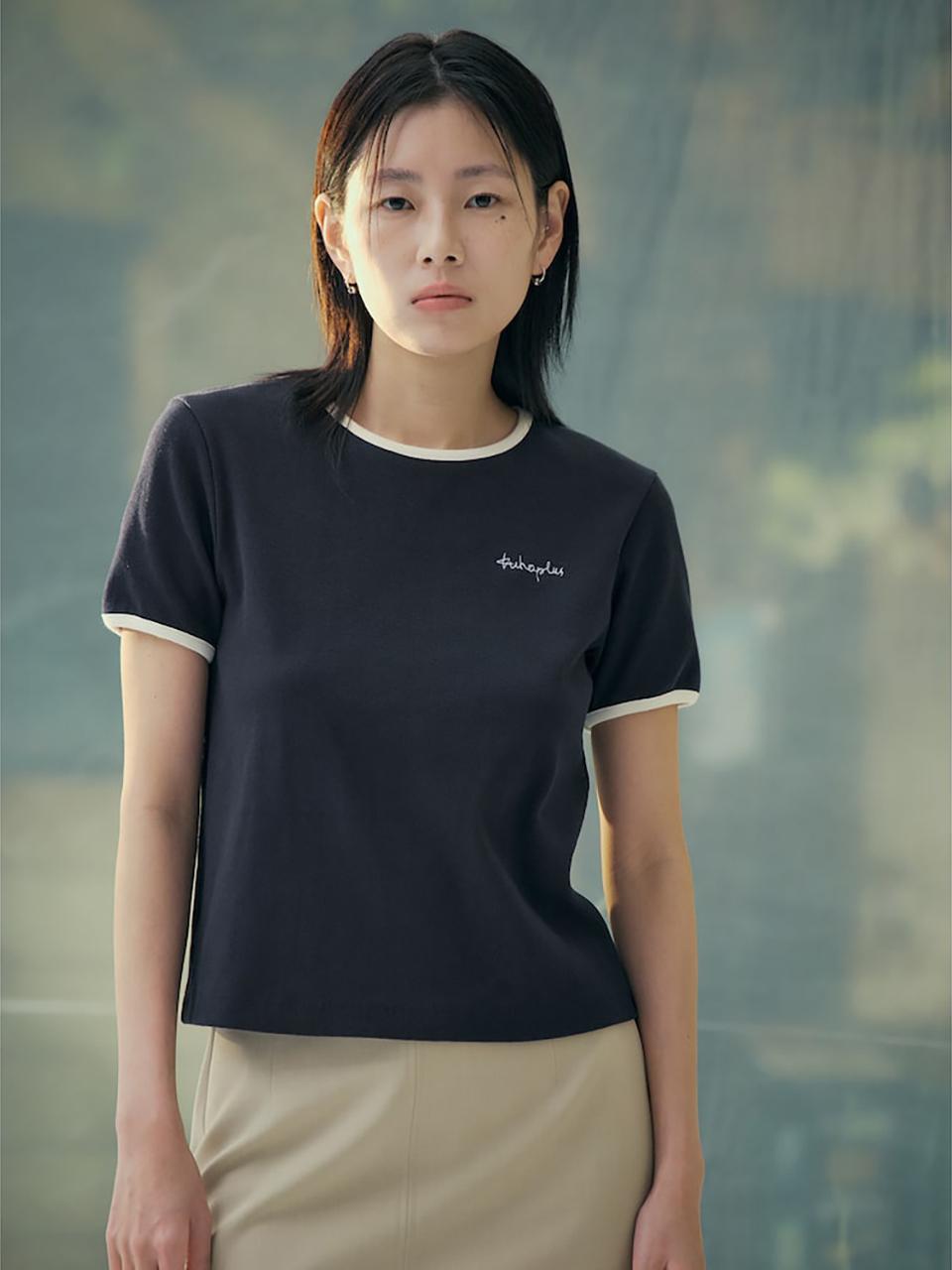 kuho plus Color Block Ribbed Cotton Blend T-shirt [Navy] (KE5240M01R)