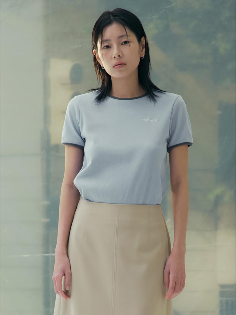 kuho plus Color Block Ribbed Cotton Half-Sleeve T-Shirt [Sky Blue] (KE5240M01Q)