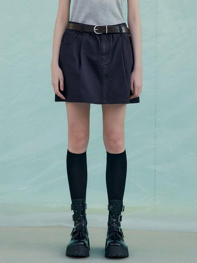 kuho plus Flared Pleated Denim Mini Skirt [Purple Navy] (KE5227M51R)