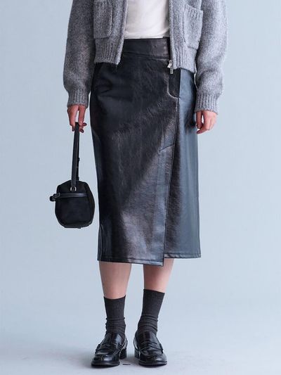 kuho plus H-line Leather Midi Skirt - Black