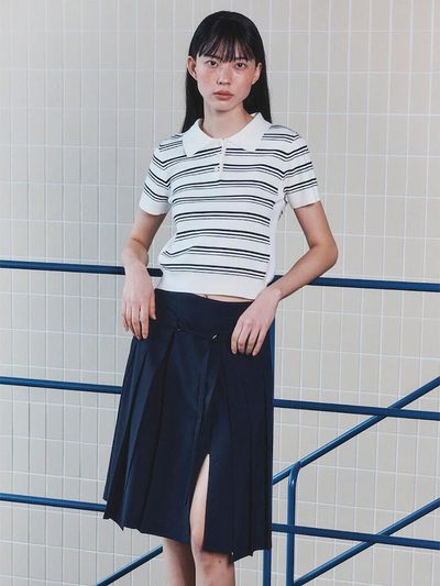 kuho plus Layered Pleats Midi Skirt Navy (KE4327M04R)