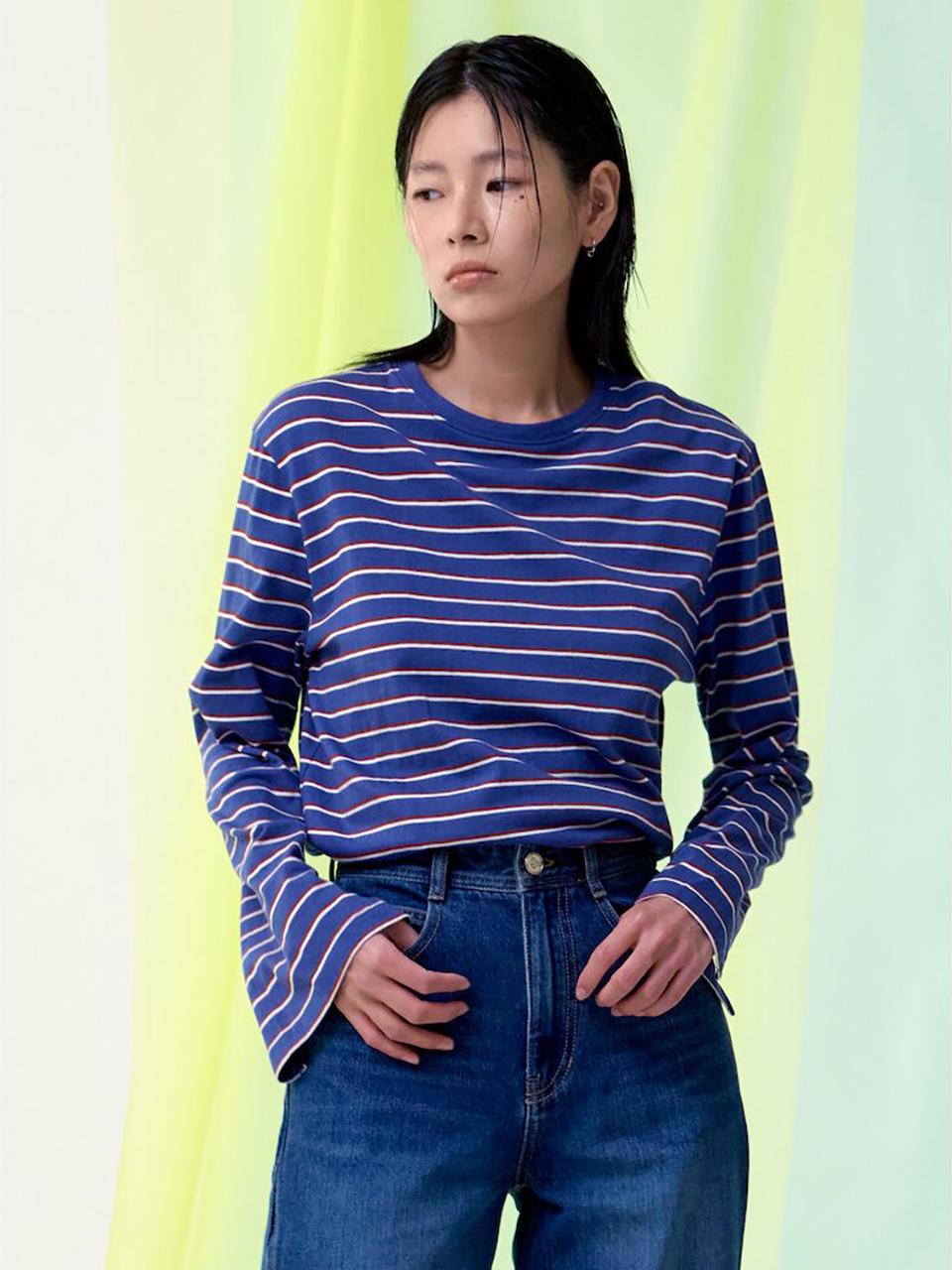 kuho plus MultiStripe Long Sleeve Cotton T-Shirt [Blue] (KE5140M05P)