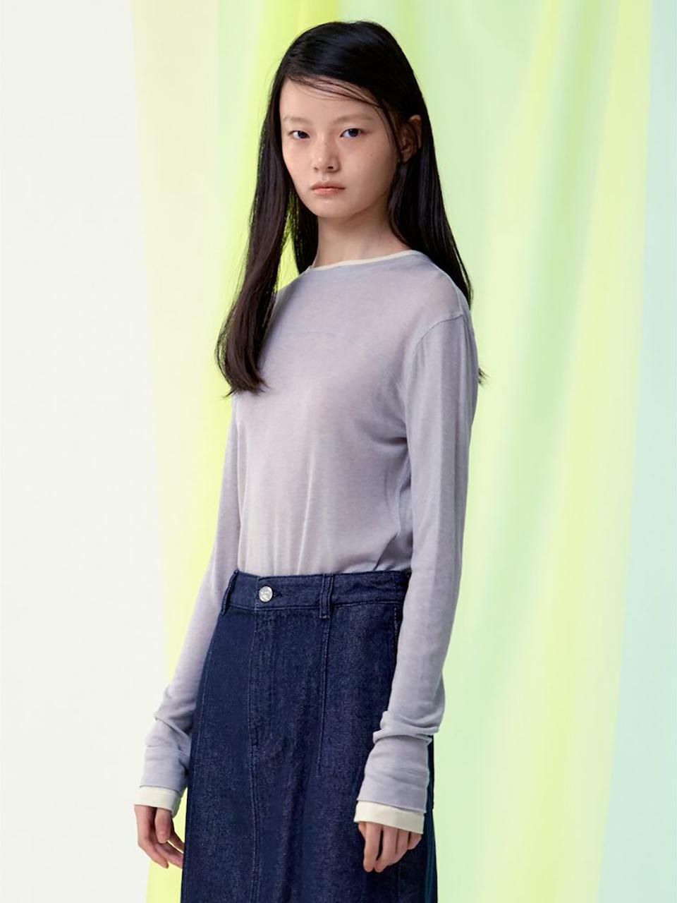 kuho plus Sheer Layered Slim Fit Long Sleeve T-shirt [Light Grey] (KE5140M062)