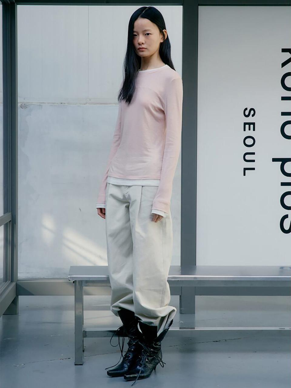 kuho plus Sheer Layered Wool-Rayon Long Sleeve T-shirt [Light Pink] (KE5140M06Y)