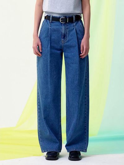 kuho plus Signature Semi Wide Cotton Pleated Denim Pants [Blue] (KE5121M51P)