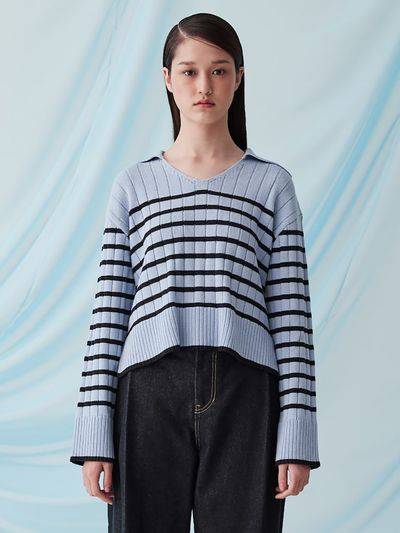 kuho plus Stripe Collar Knit Pullover _Sky Blue