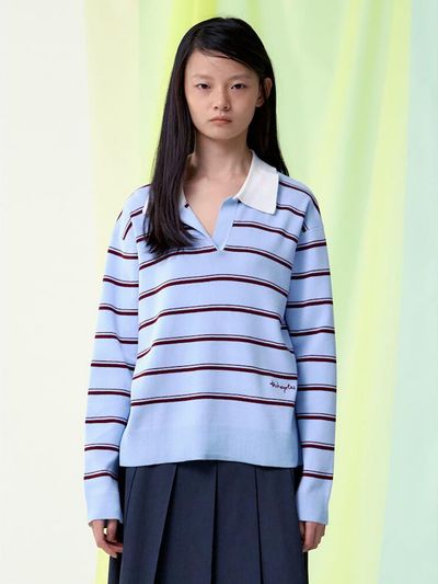 kuho plus Stripe Open Collar Semi-Overfit Knit Pullover [Sky Blue] (KE5151M02Q)