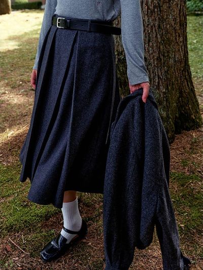 kuho plus Tuck Detail Flare Long Skirt - Grey