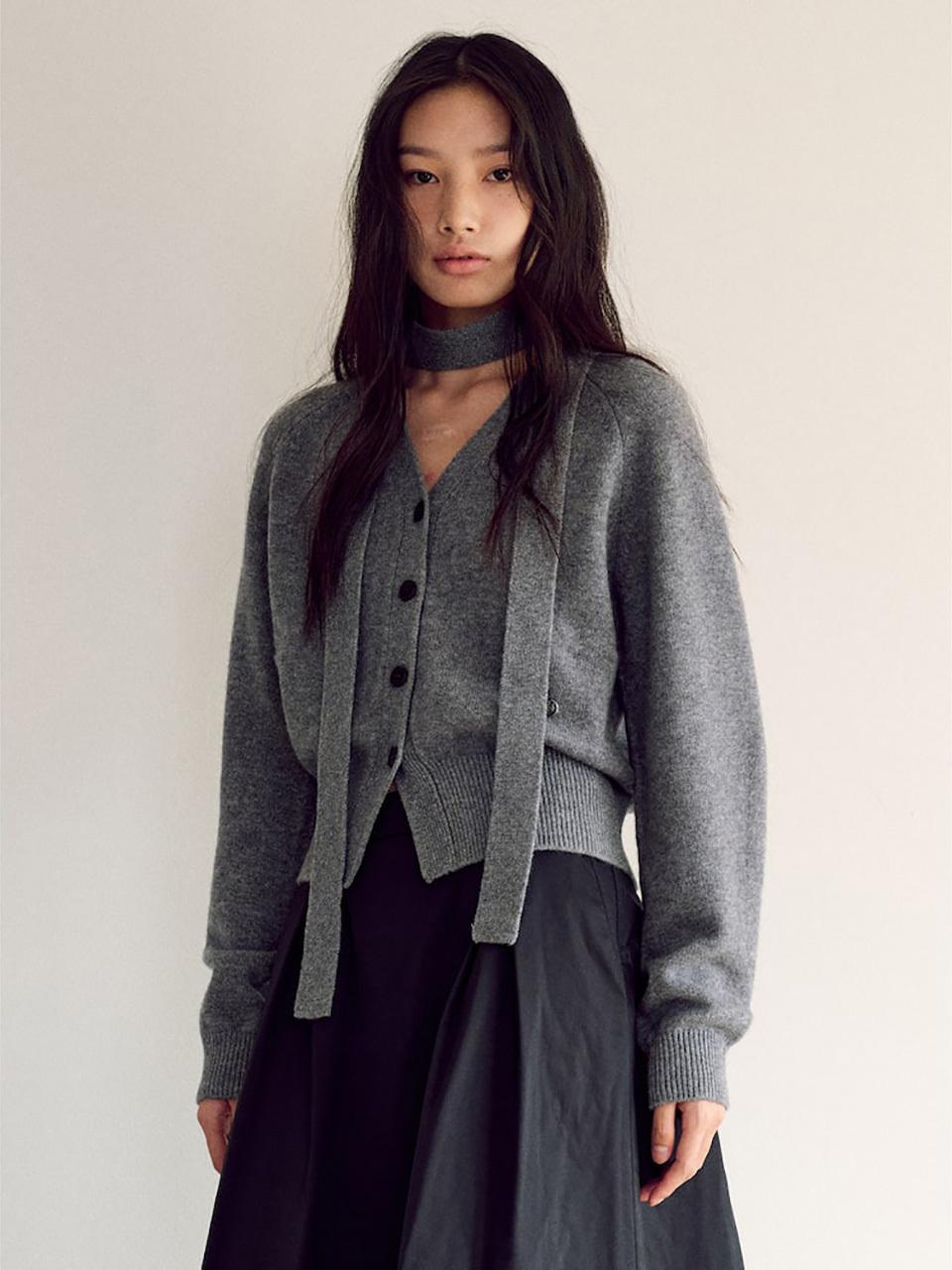 kuho plus Wool Muffler Knit Cardigan - Grey Melange