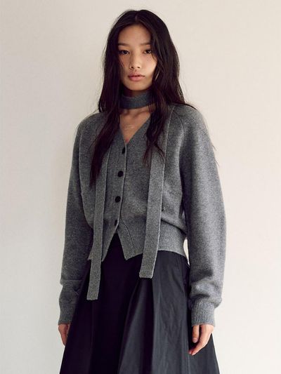 kuho plus Wool Muffler Knit Cardigan - Grey Melange