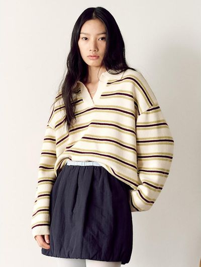 kuho plus Wool Stripe Open Collar Knit Pullover