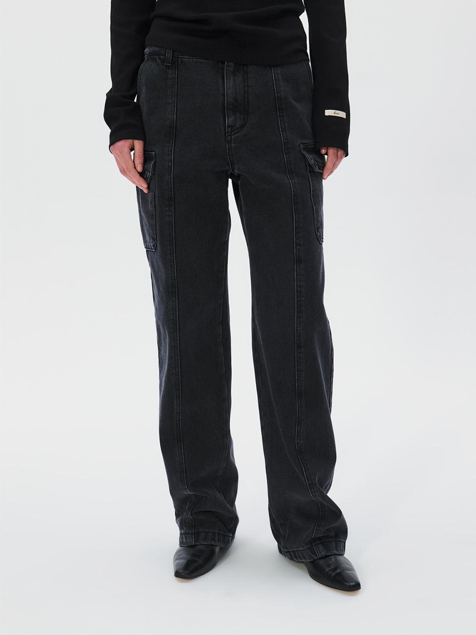 KUME Low Waist Wide Cargo Denim Pants, Black